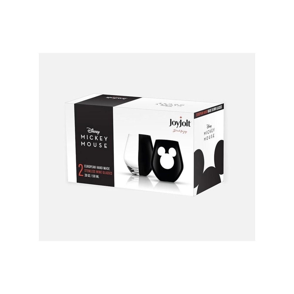 JoyJolt Disney Mickey Mouse Stemless Wine Glasses Set of 2 Black White 20oz NEW